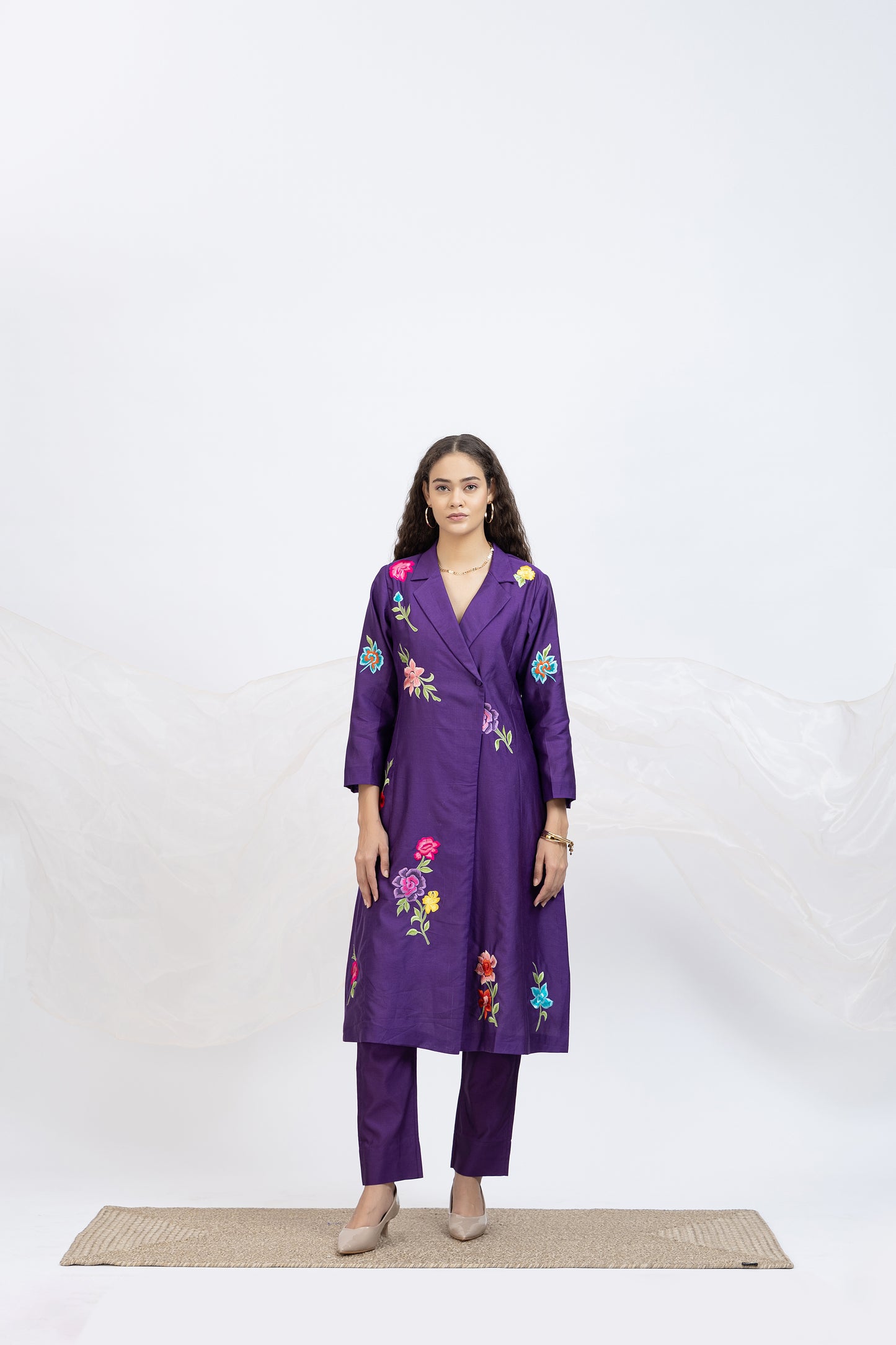 Bageecha Purple Chanderi Floral Embroidered Long Jacket