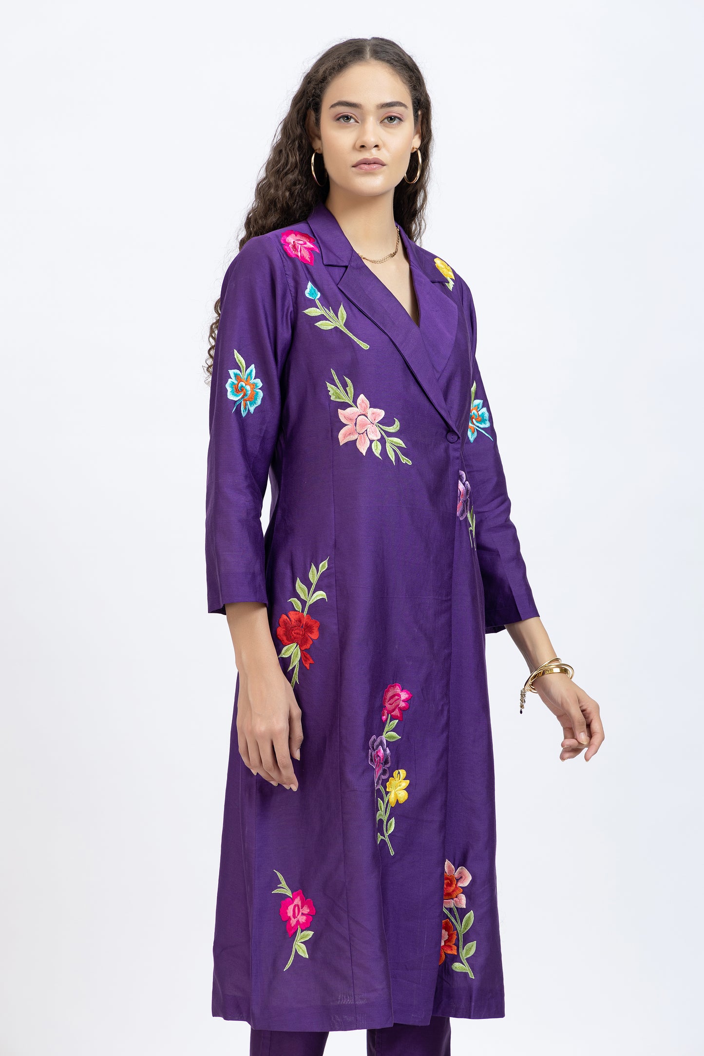 Bageecha Purple Chanderi Floral Embroidered Long Jacket