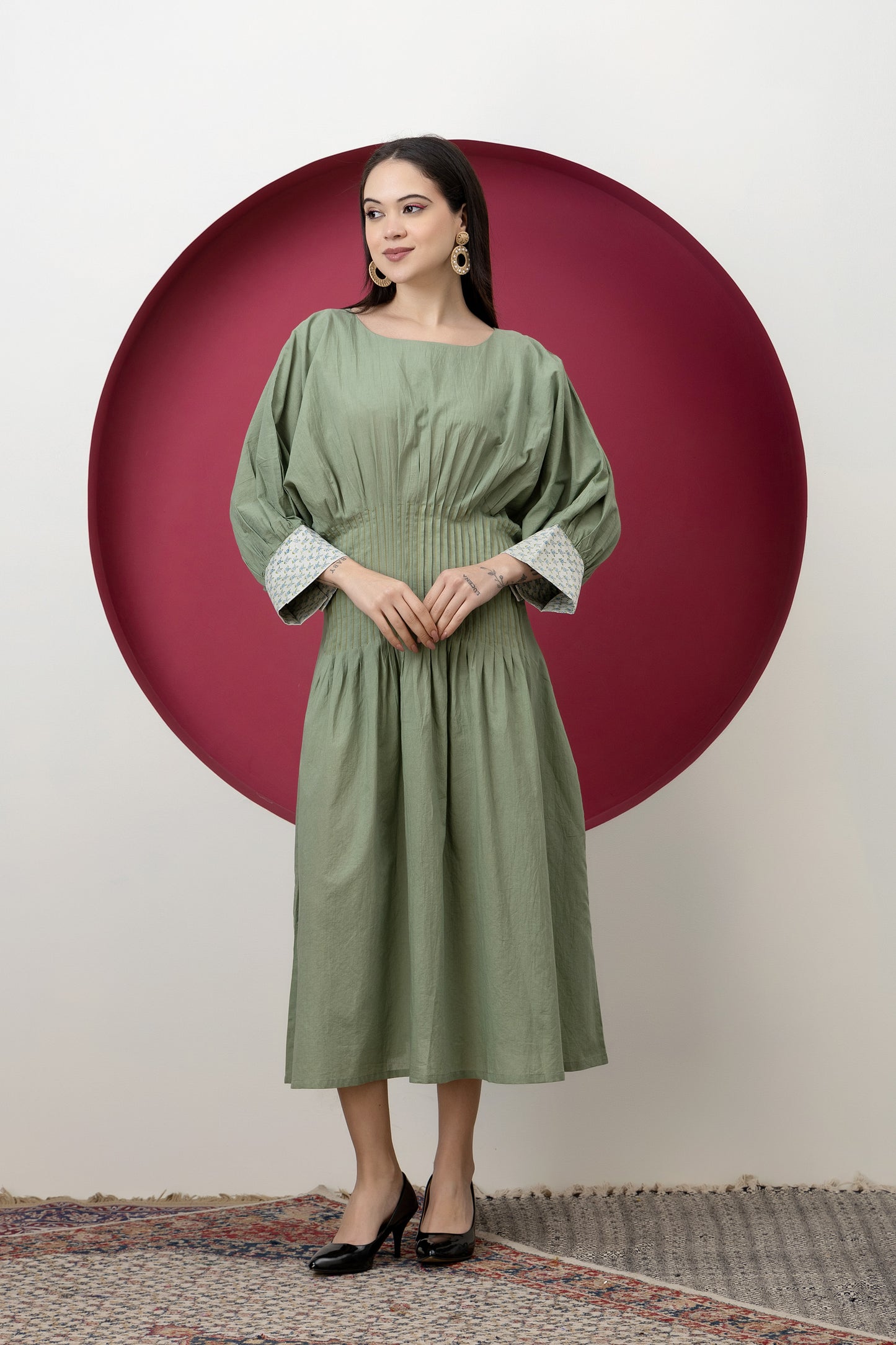 Kapaas Olive Green Cotton Pleated Dress
