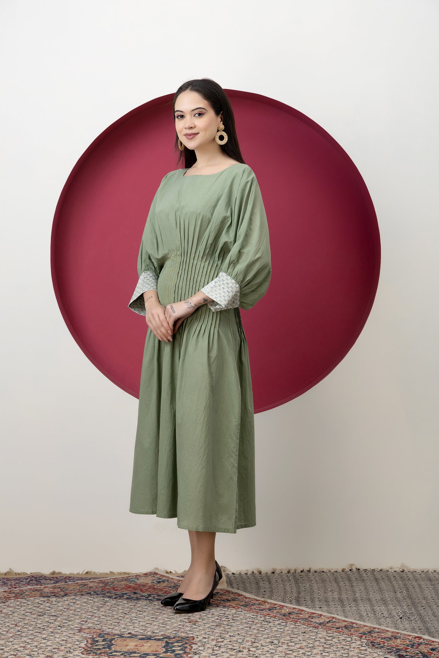 Kapaas Olive Green Cotton Pleated Dress
