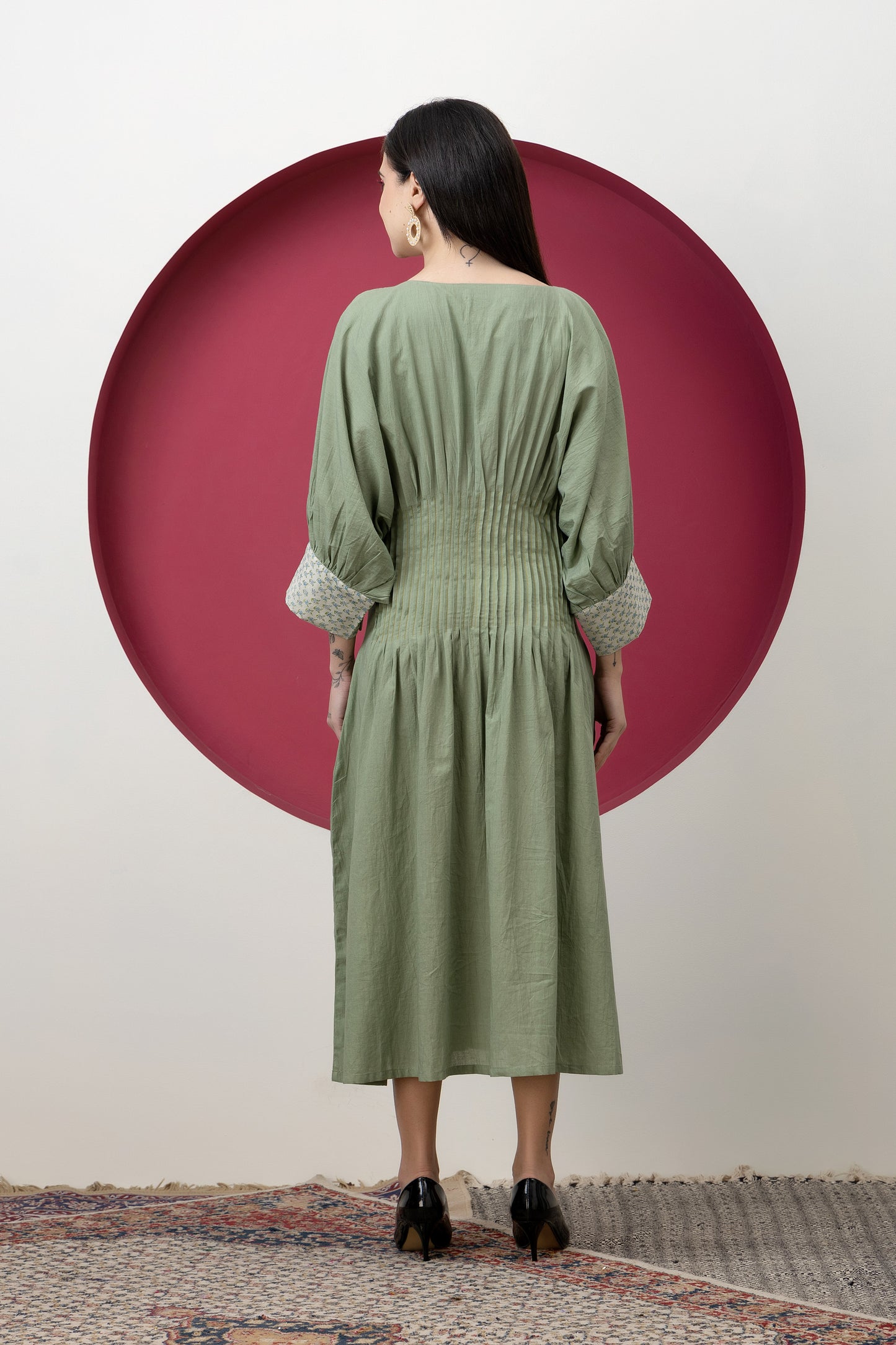 Kapaas Olive Green Cotton Pleated Dress