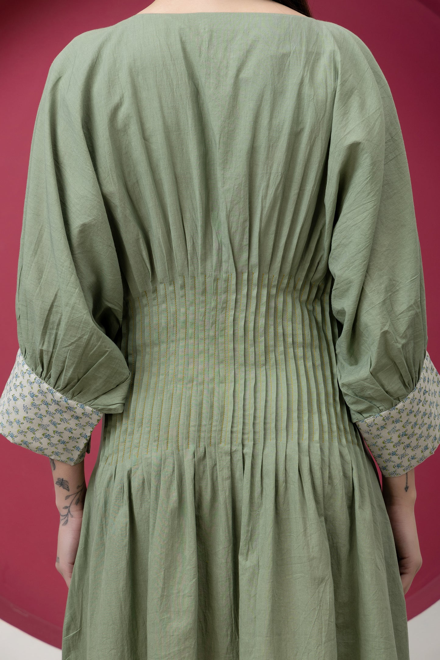 Kapaas Olive Green Cotton Pleated Dress