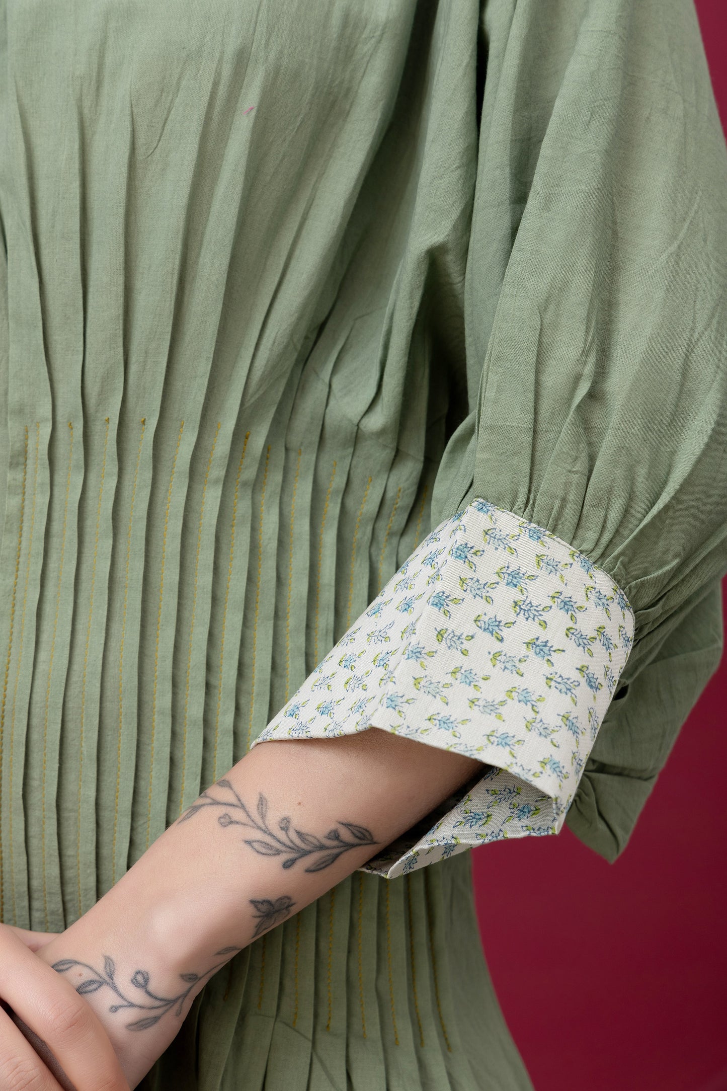 Kapaas Olive Green Cotton Pleated Dress
