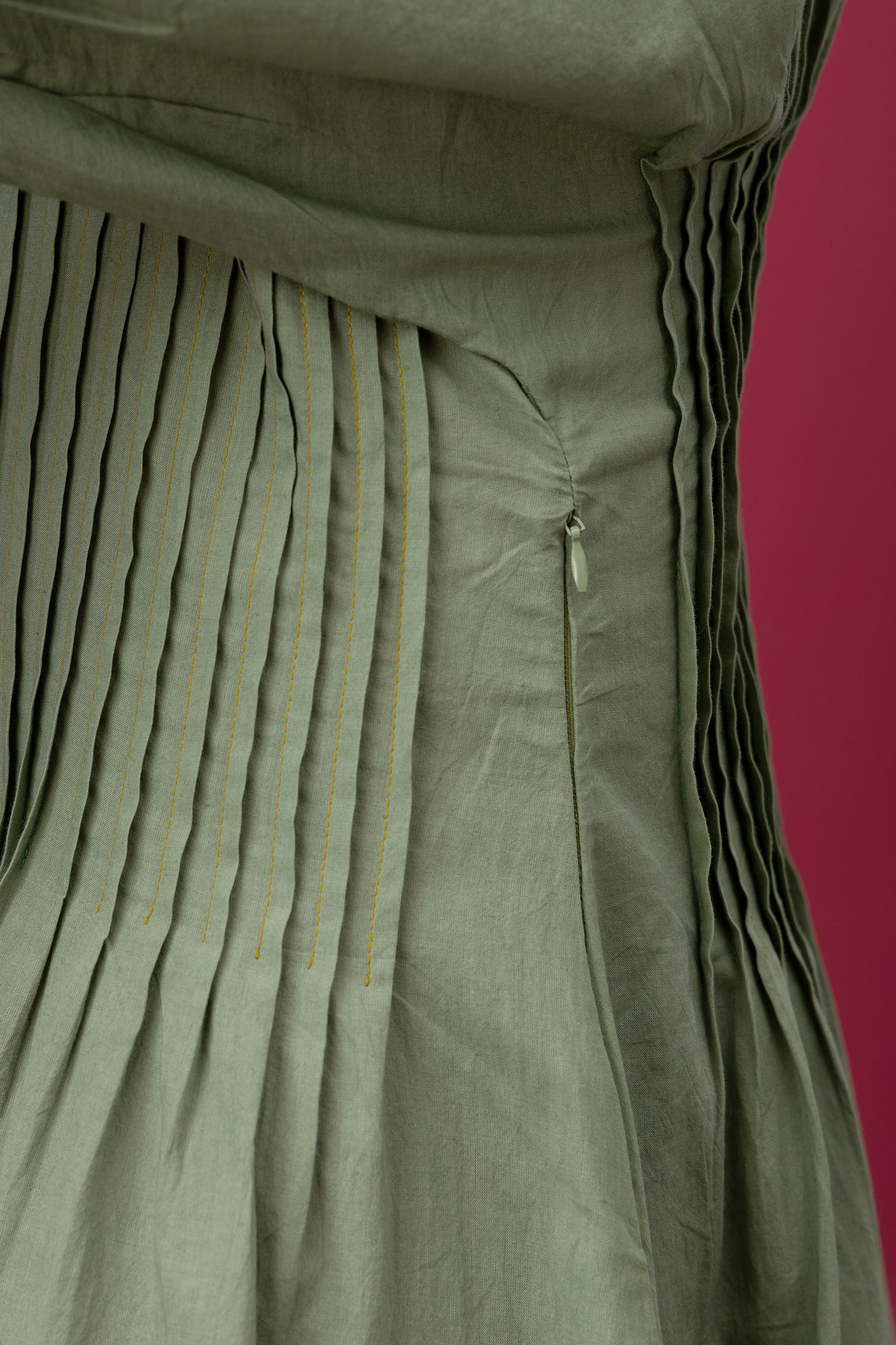 Kapaas Olive Green Cotton Pleated Dress