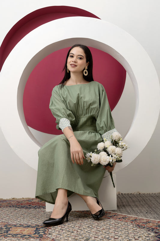 Kapaas Olive Green Cotton Pleated Dress