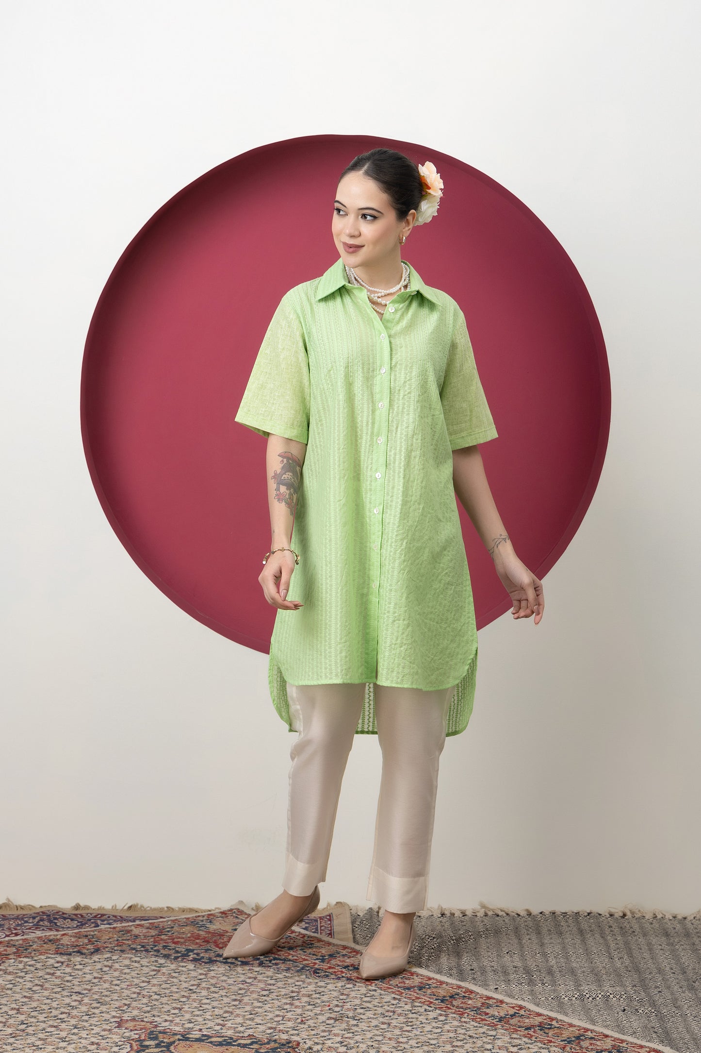 Anokhi Handwoven Lime Green Banarasi Cutwork Tunic