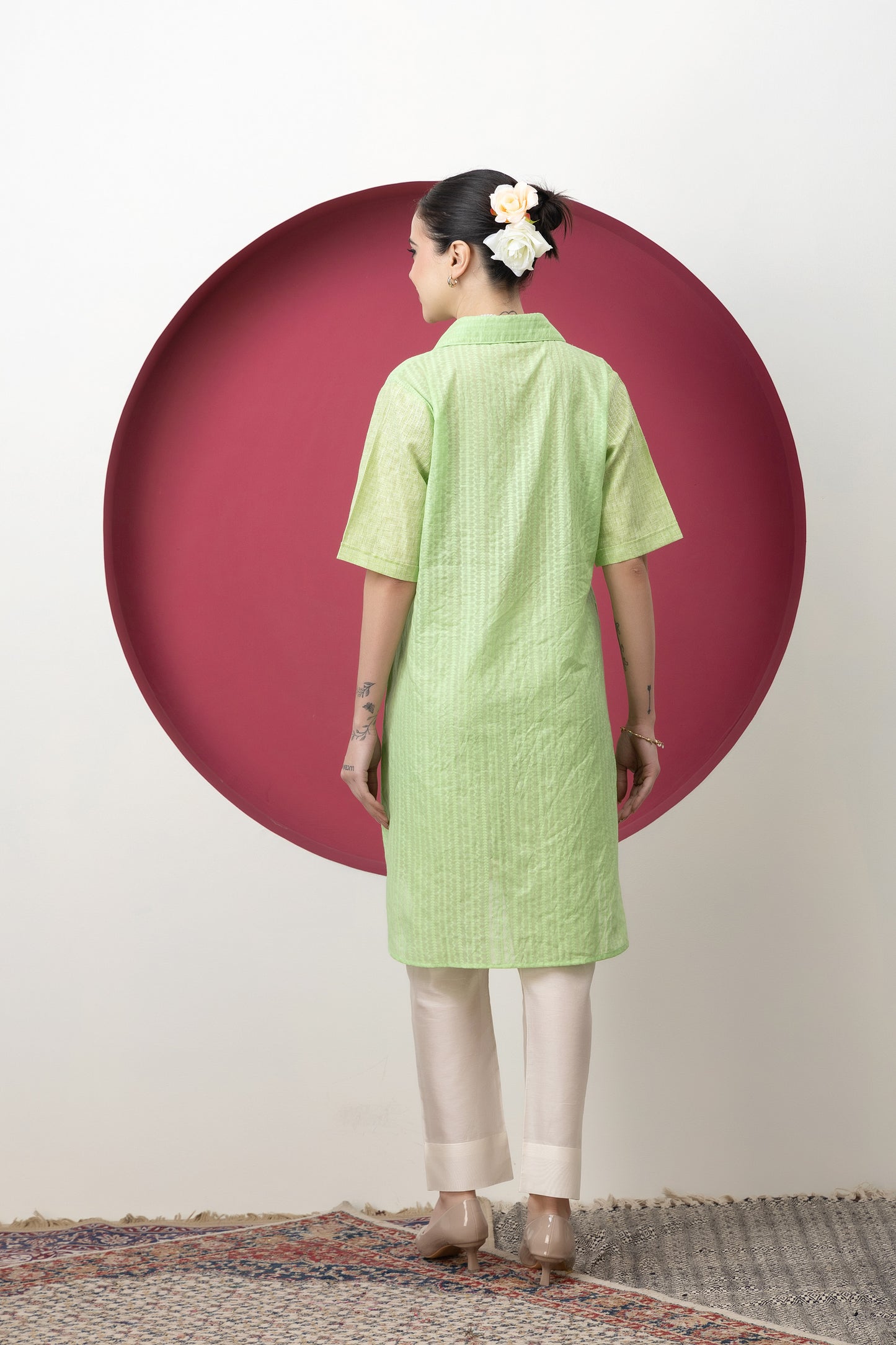 Anokhi Handwoven Lime Green Banarasi Cutwork Tunic