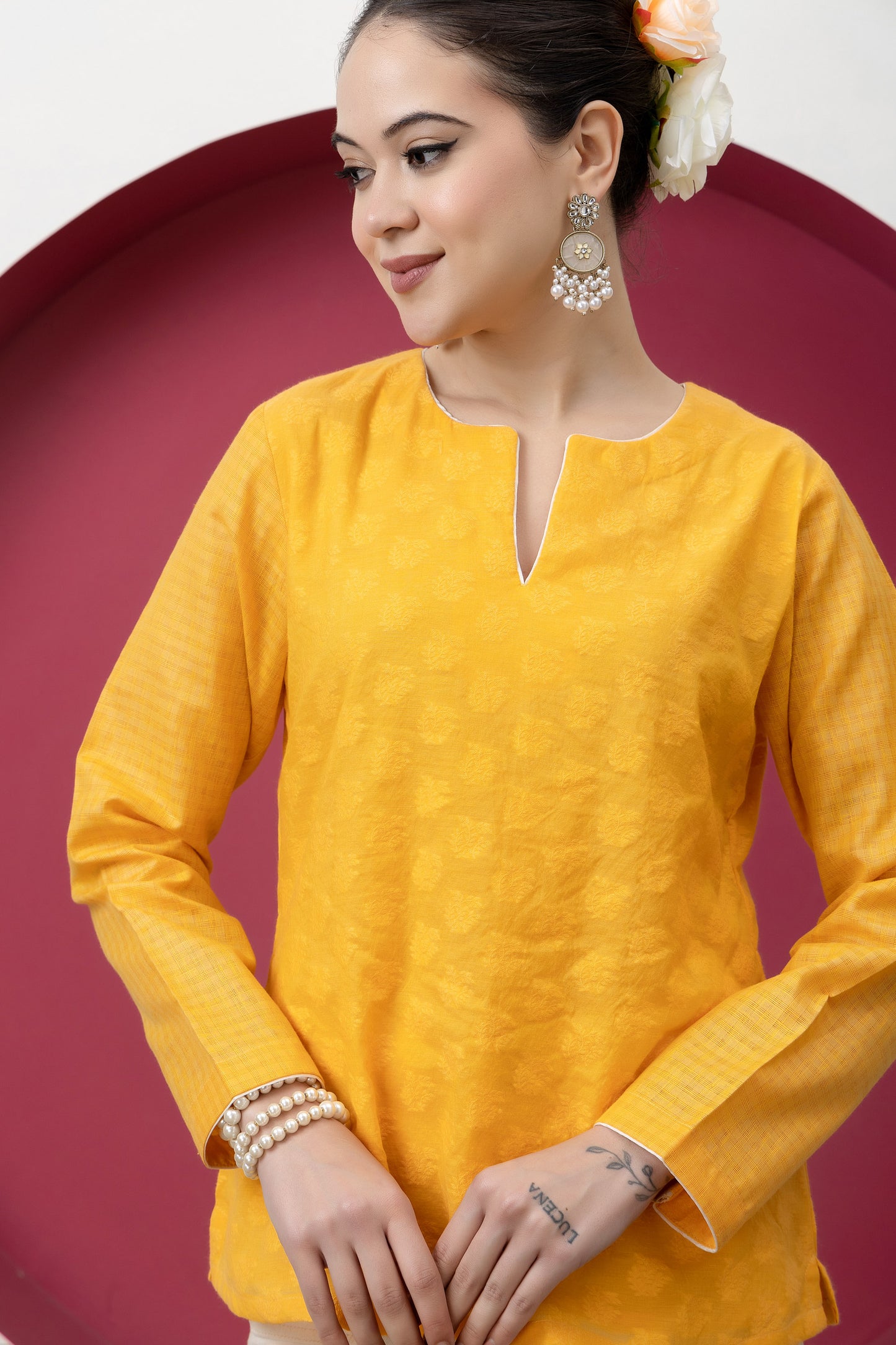 Anokhi Handwoven Mustard Banarasi Cutwork Tunic