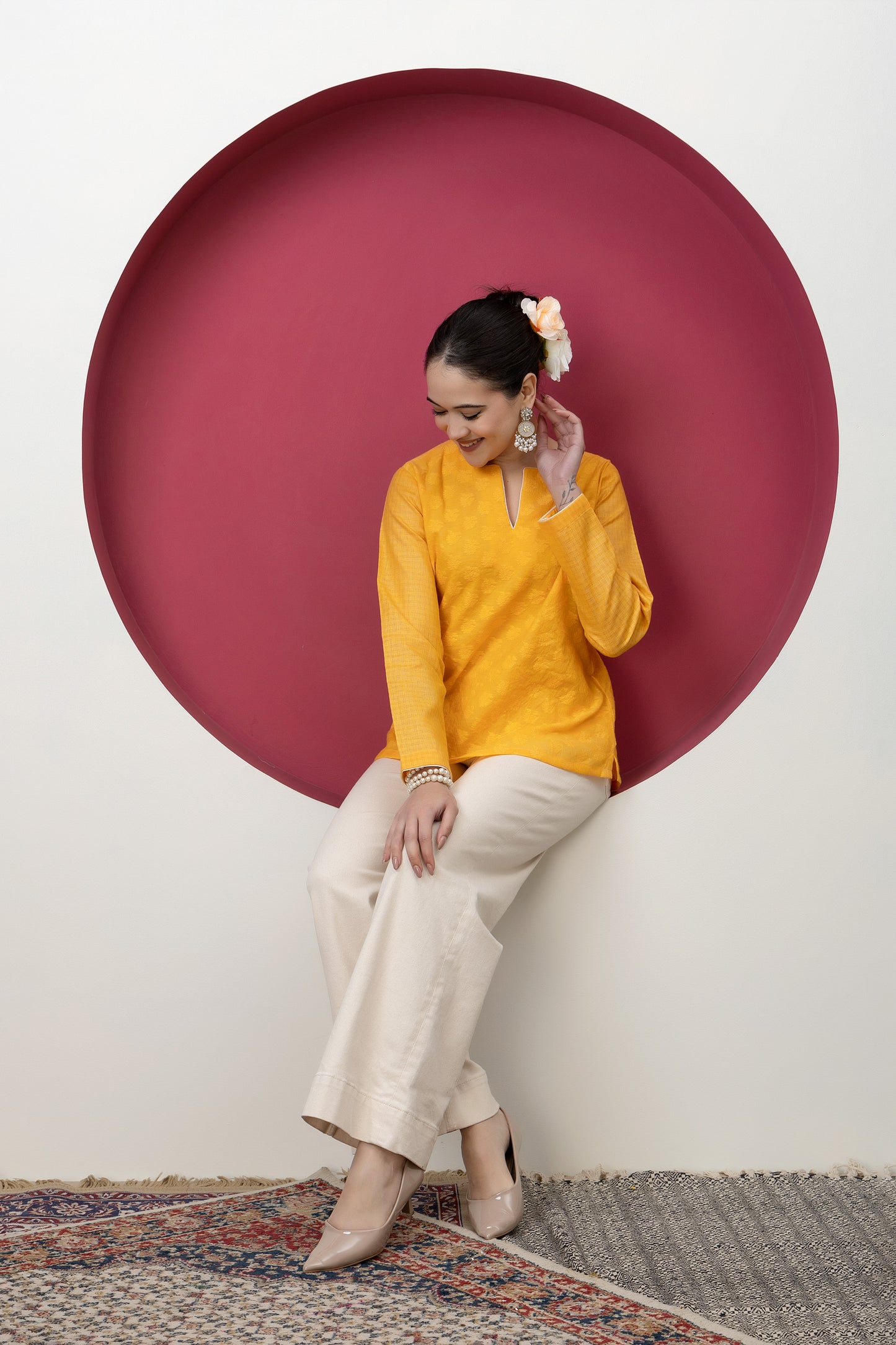 Anokhi Handwoven Mustard Banarasi Cutwork Tunic