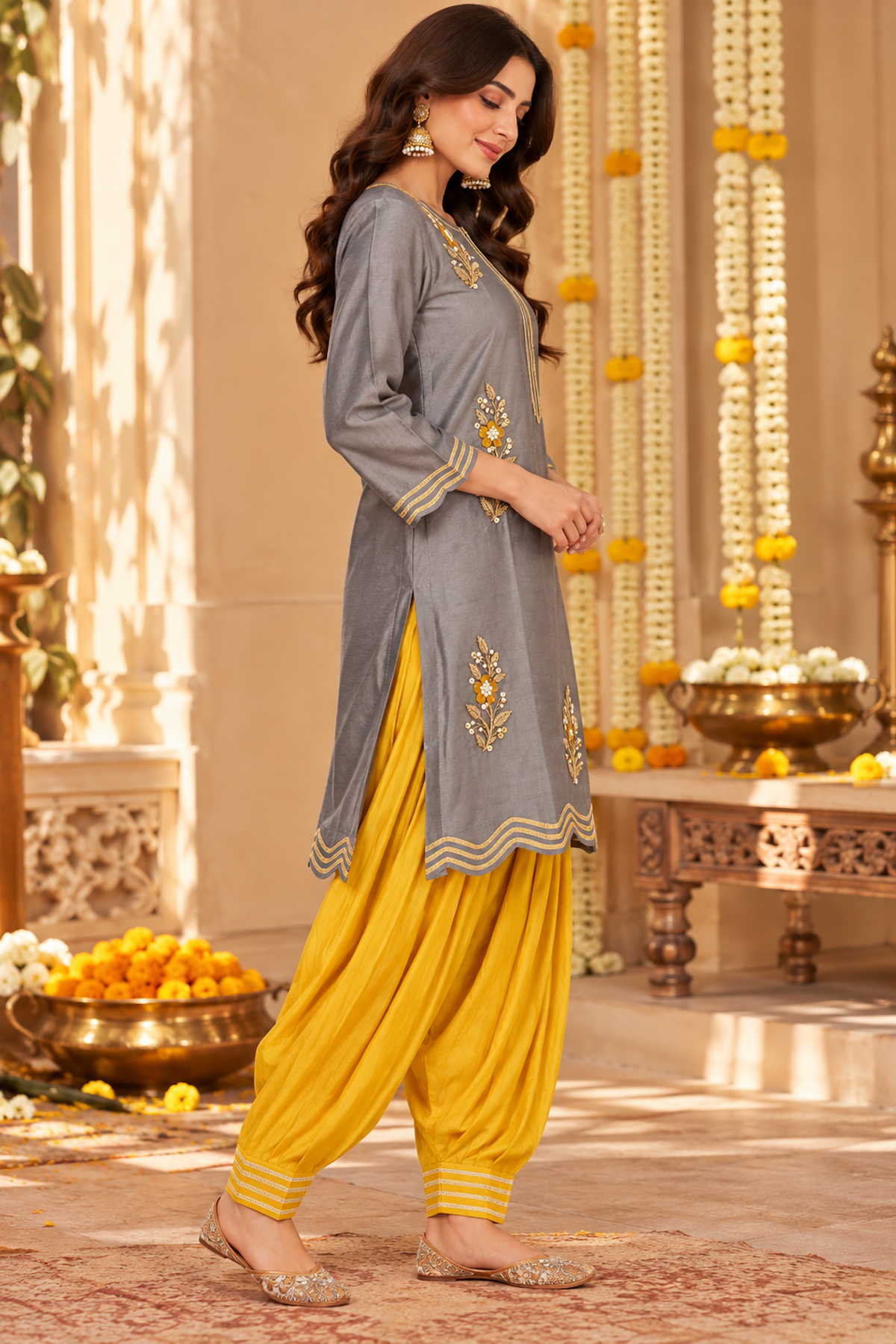Grey and Marigold embroidered Kurta Set
