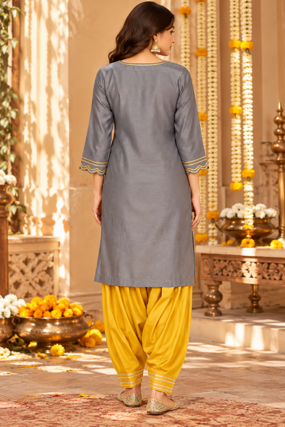 Grey and Marigold embroidered Kurta Set