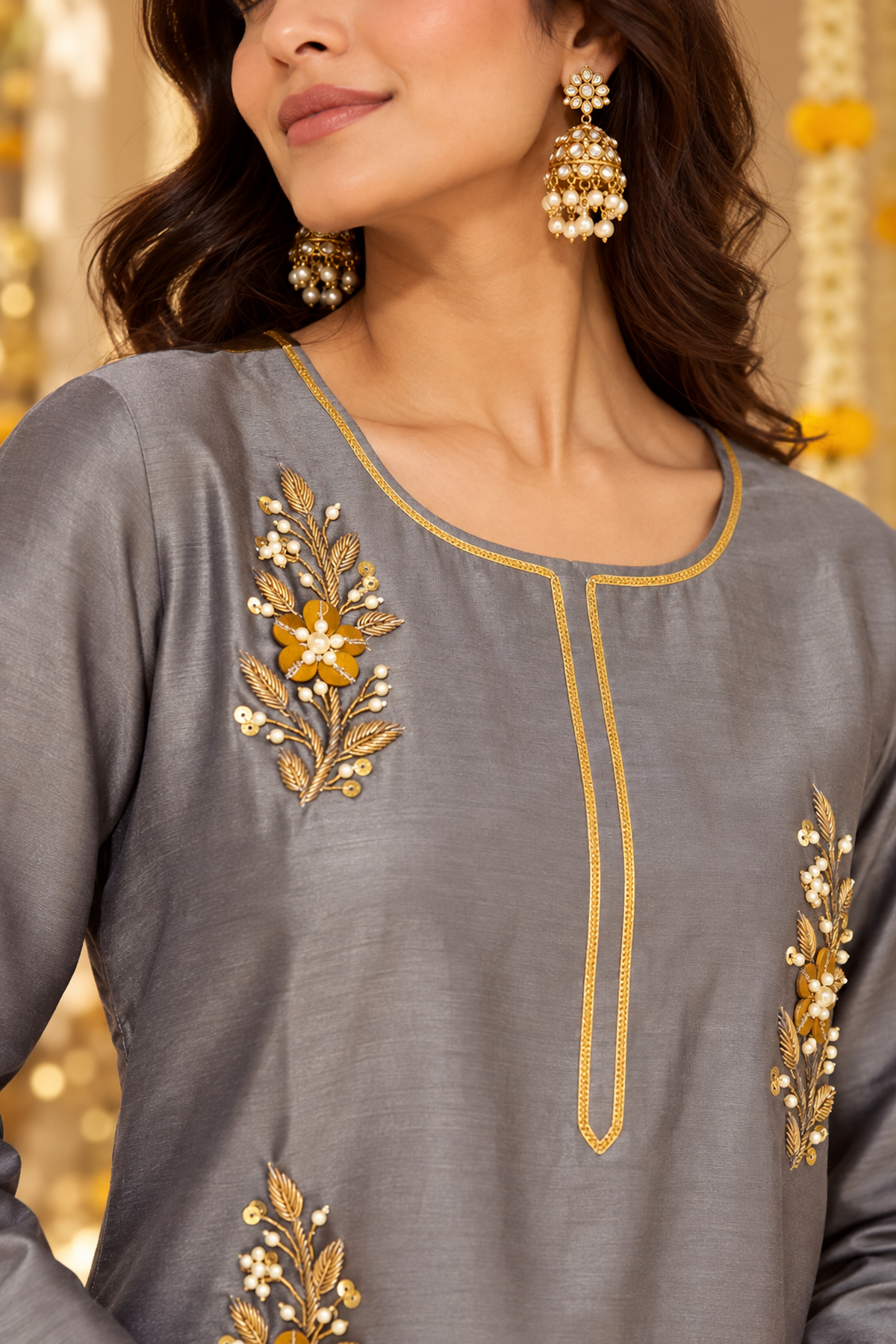 Grey and Marigold embroidered Kurta Set