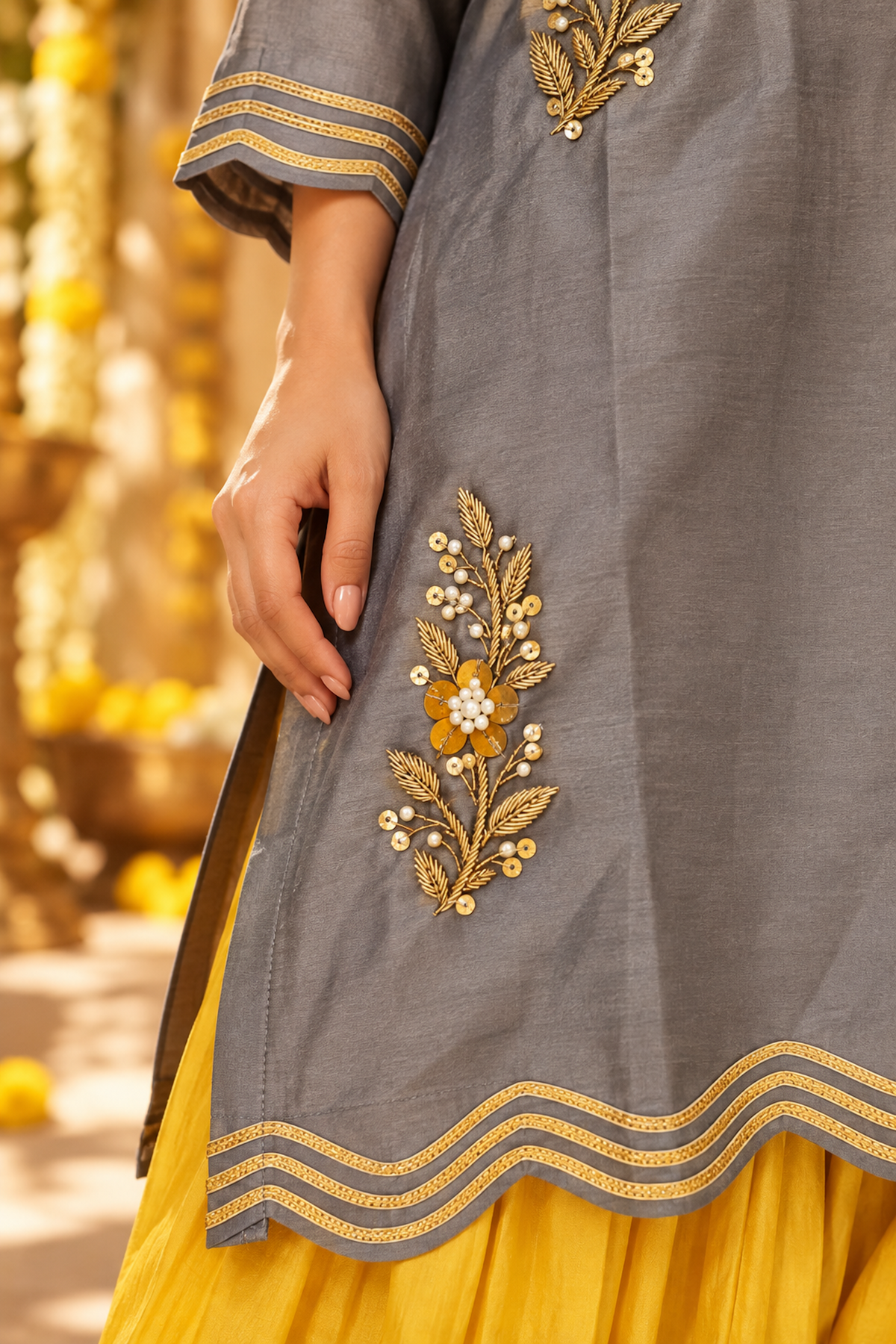 Grey and Marigold embroidered Kurta Set