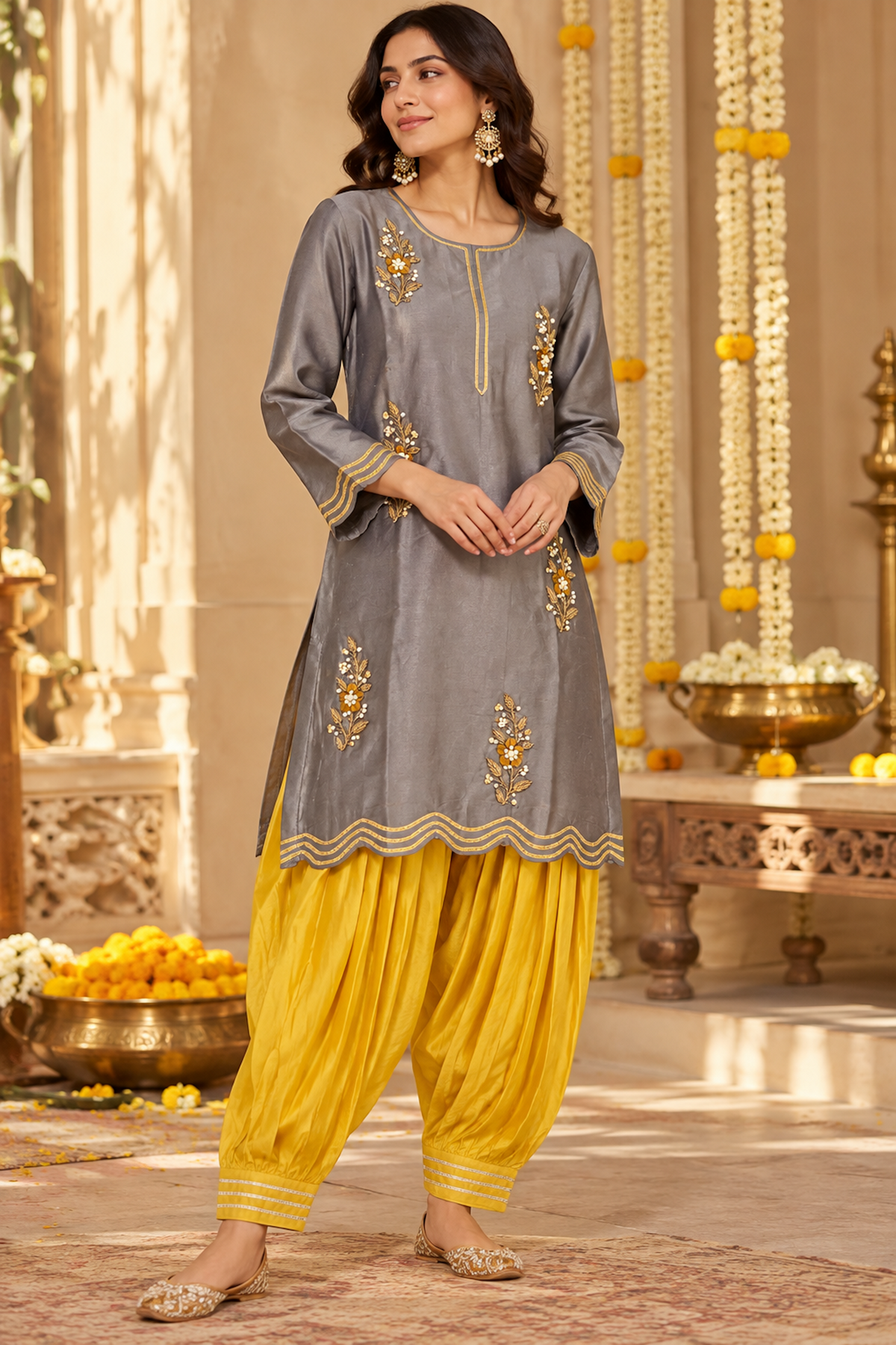 Grey and Marigold embroidered Kurta Set
