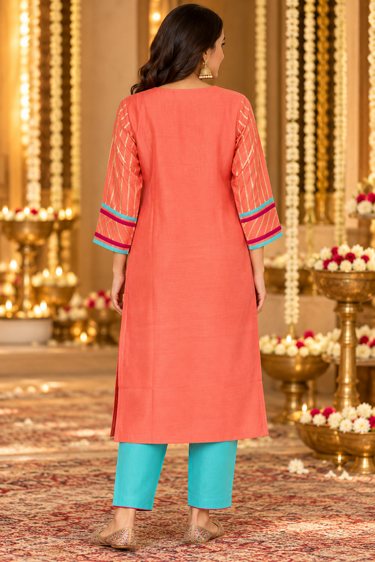 Colour That Celebrates Coral, Turquoise and Magenta Gota Kurta Set
