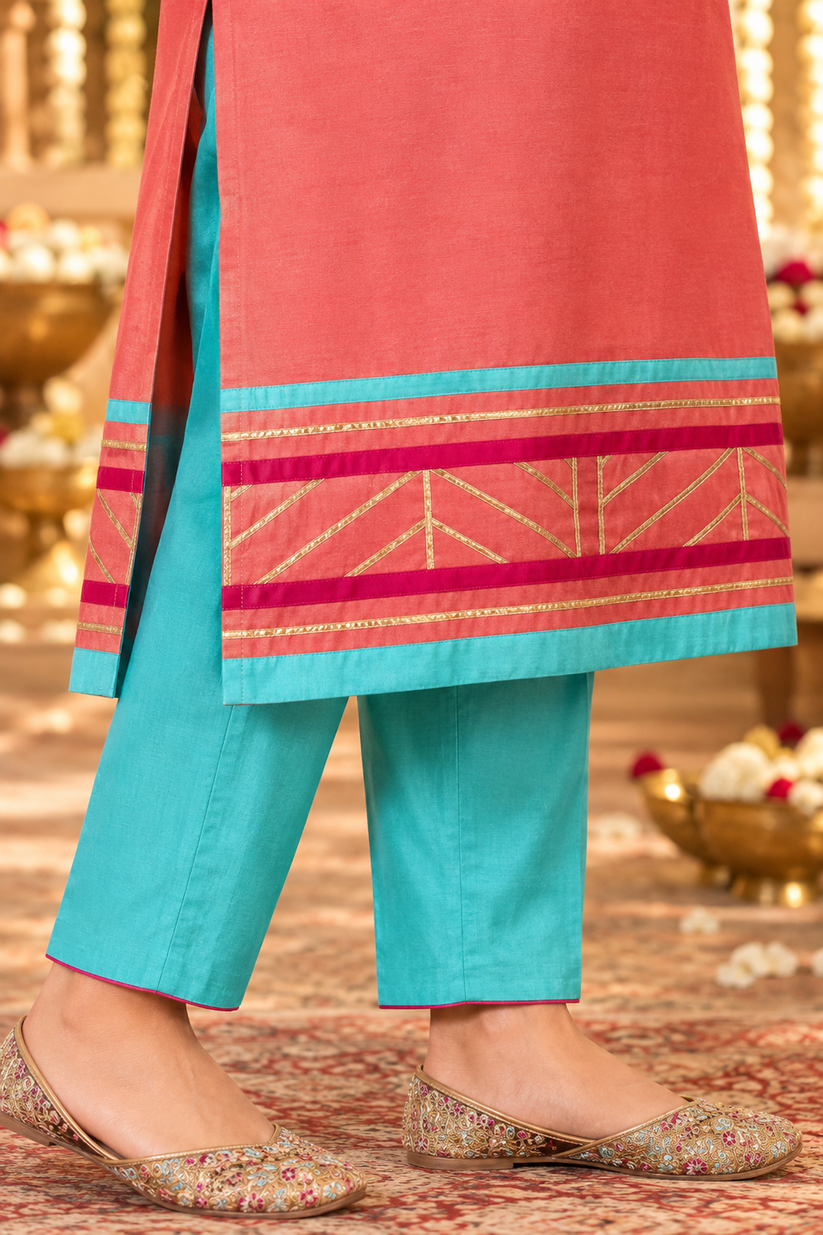 Colour That Celebrates Coral, Turquoise and Magenta Gota Kurta Set