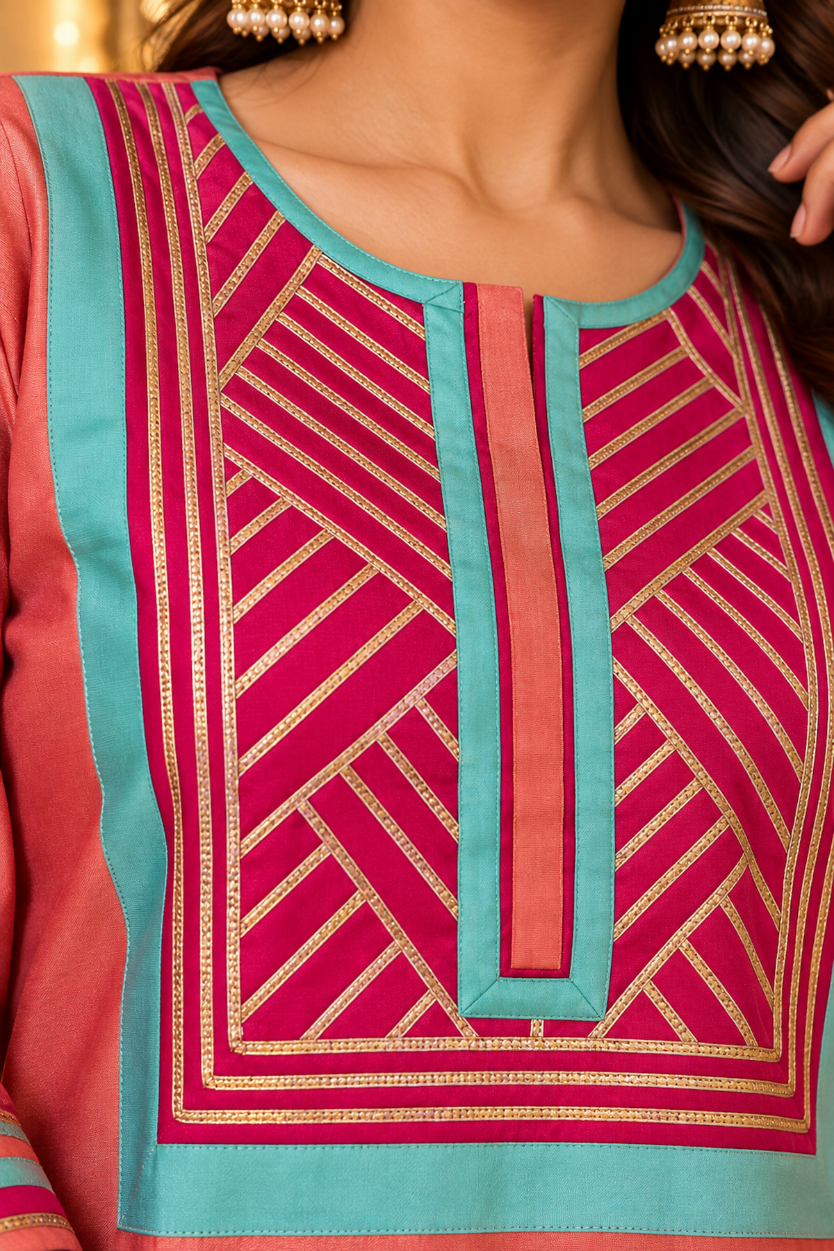 Colour That Celebrates Coral, Turquoise and Magenta Gota Kurta Set