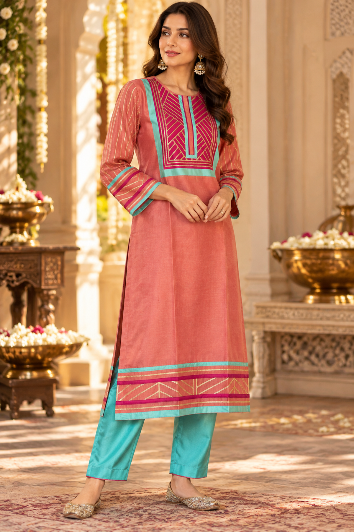 Colour That Celebrates Coral, Turquoise and Magenta Gota Kurta Set
