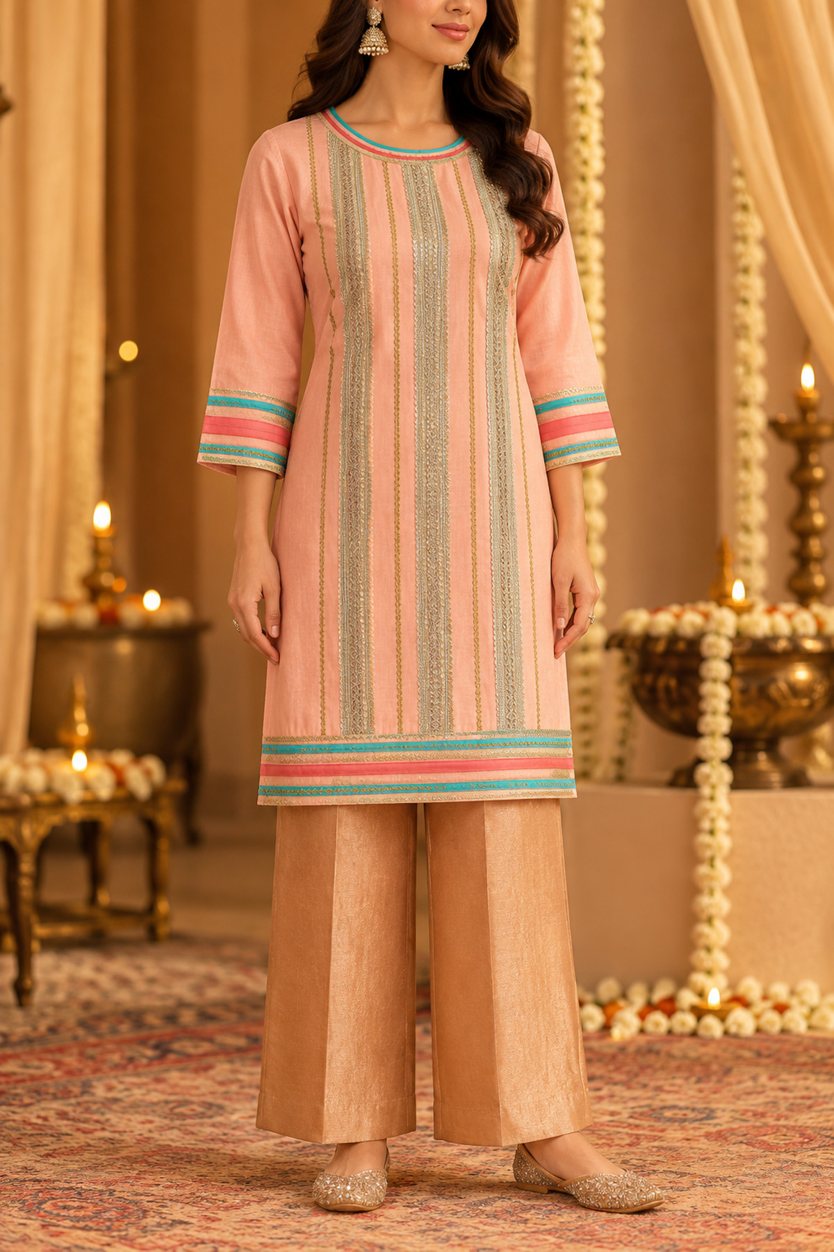 The Art of Handwork, Peach Gota Kurta Set