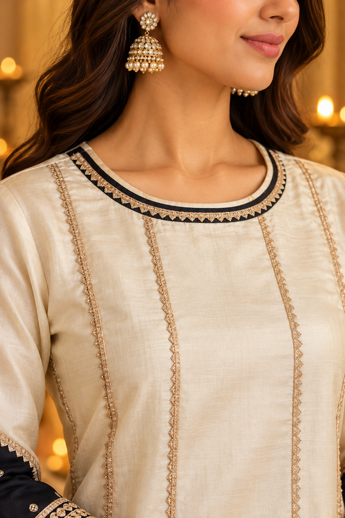 A Study in Contrast, Ivory, Black and Gold Patchwork Kurta Set