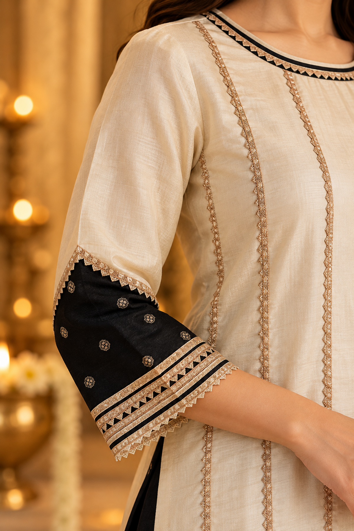 A Study in Contrast, Ivory, Black and Gold Patchwork Kurta Set