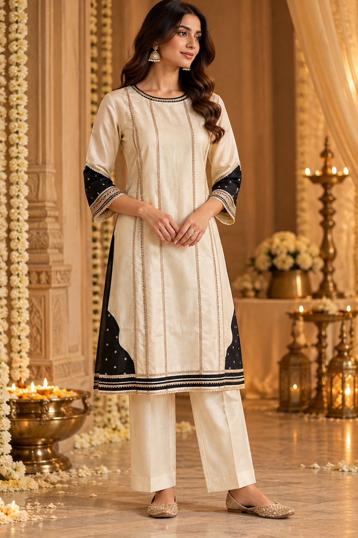 A Study in Contrast, Ivory, Black and Gold Patchwork Kurta Set