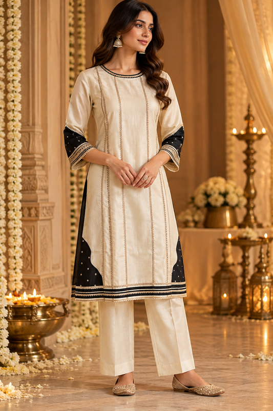 A Study in Contrast, Ivory, Black and Gold Patchwork Kurta Set