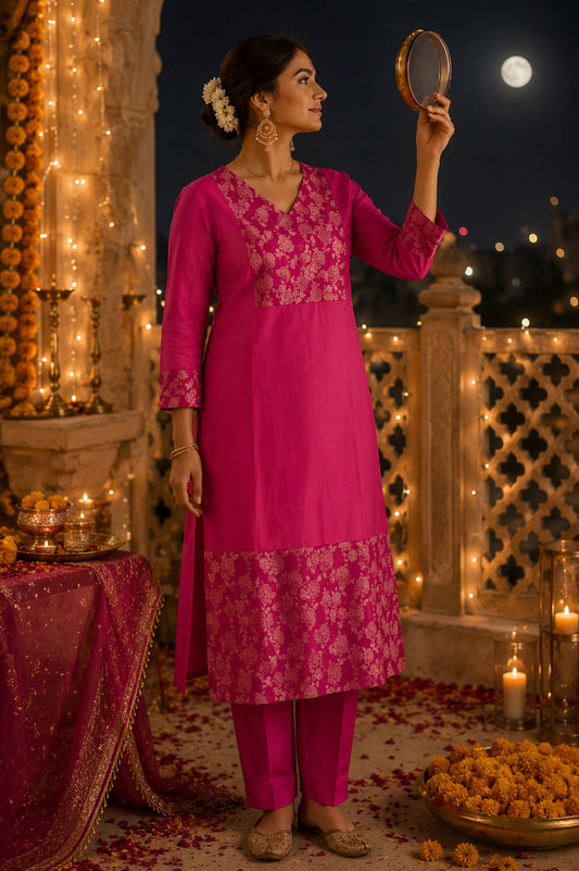 Silks of India Fuchsia Chanderi Silk Kurta set