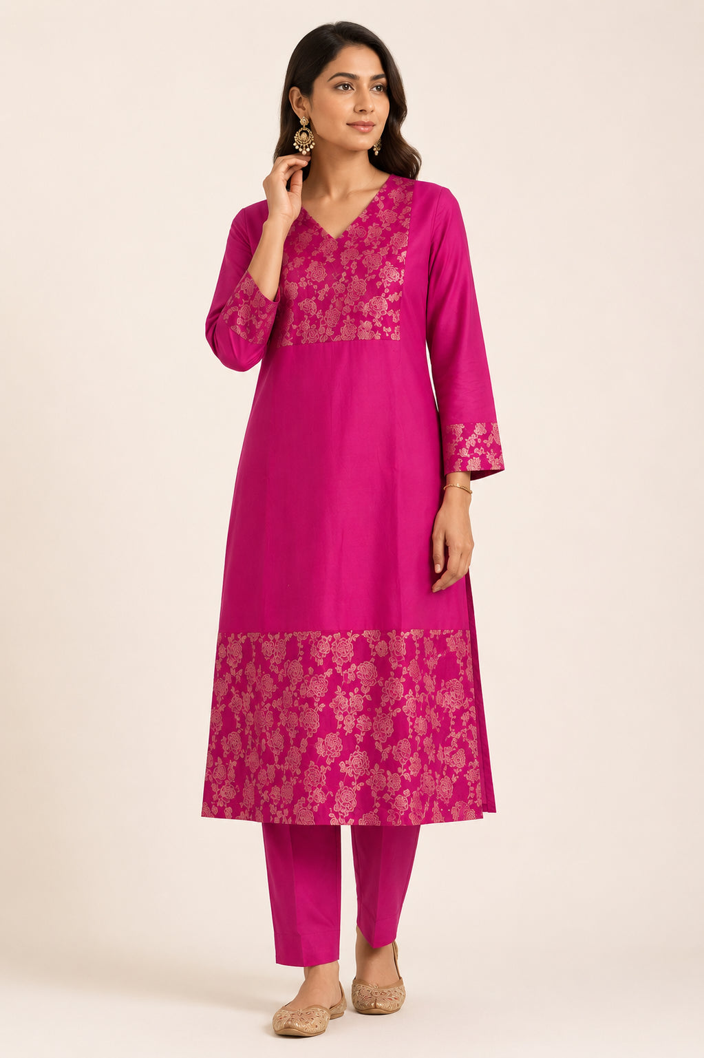 Silks of India Fuchsia Chanderi Silk Kurta set