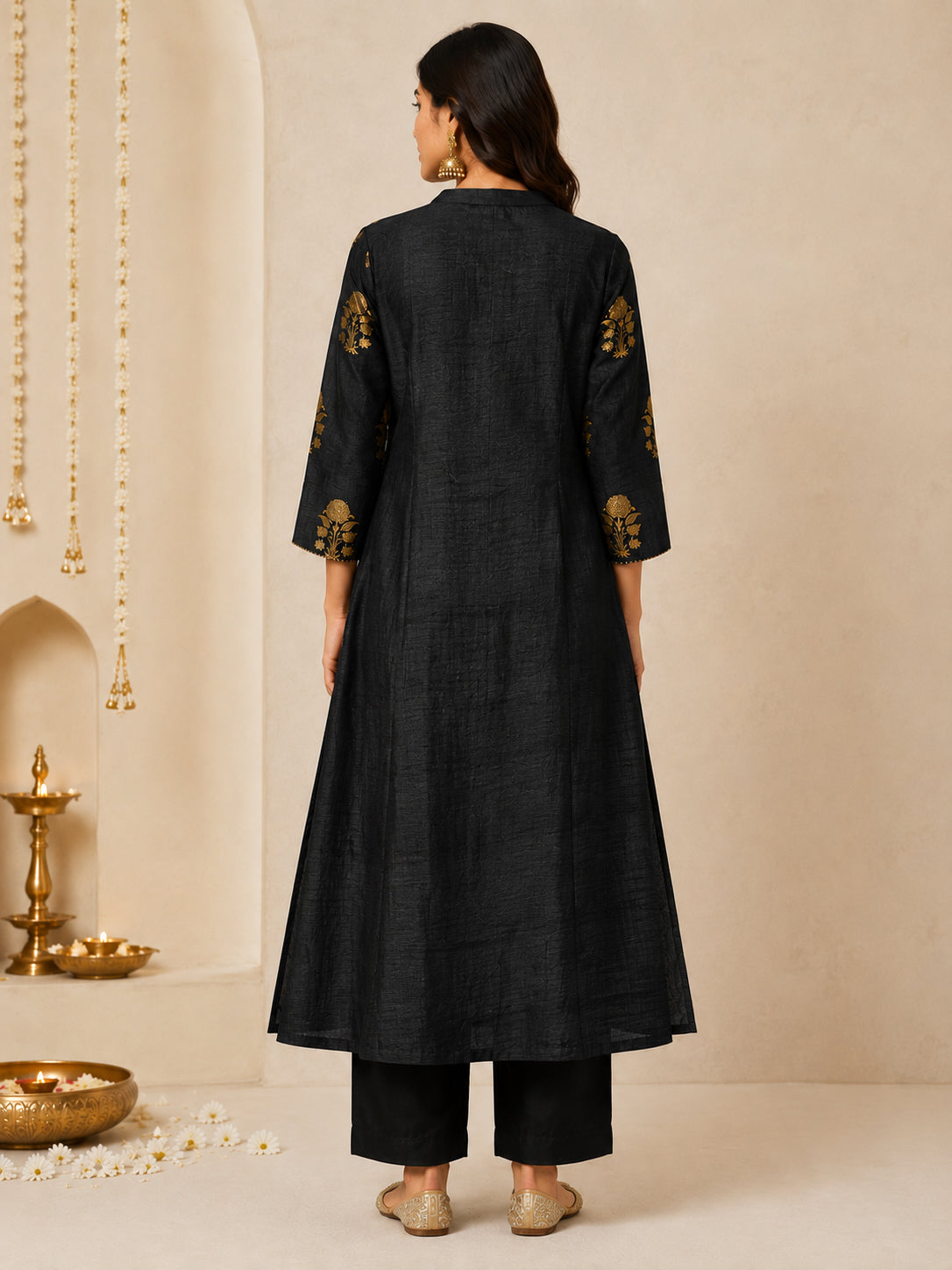 Silks of India Handwoven Black Brocade Kurta set