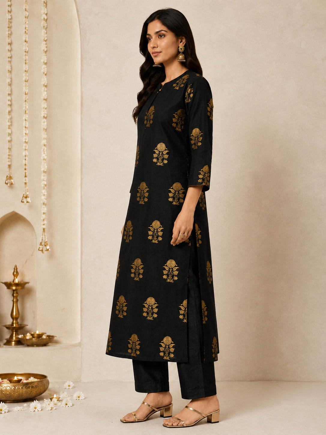 Silks of India Handwoven Black Brocade Kurta set
