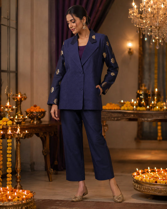 Silks of India Handwoven Silk Indigo Jacket set