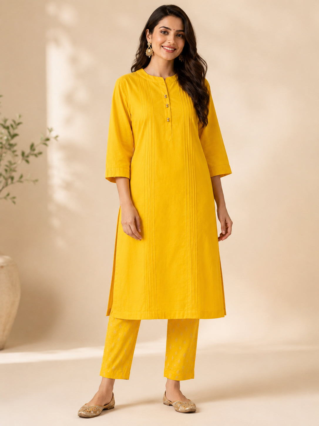 Silks of India Silk Yellow Pintuck Kurta