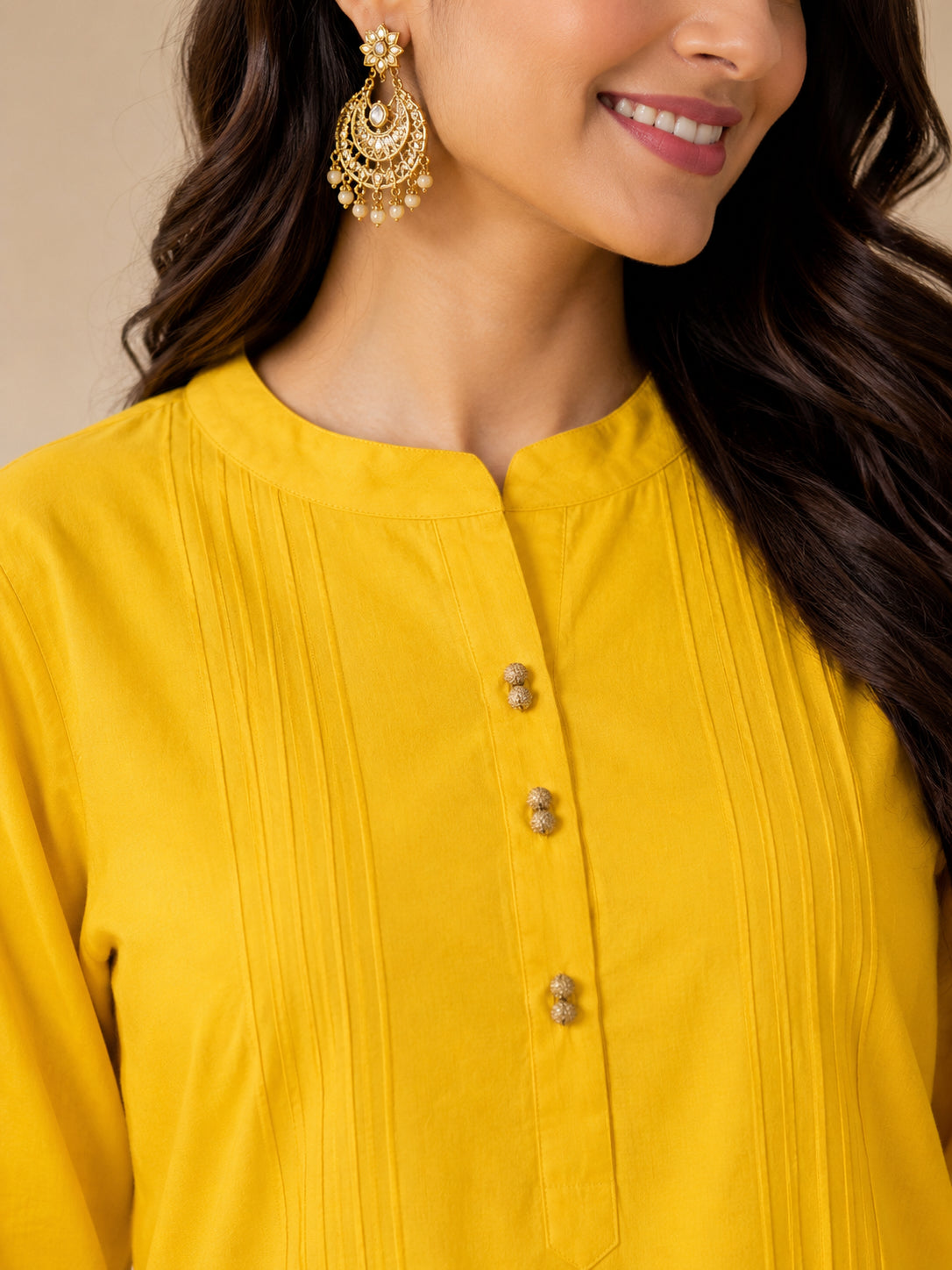Silks of India Silk Yellow Pintuck Kurta