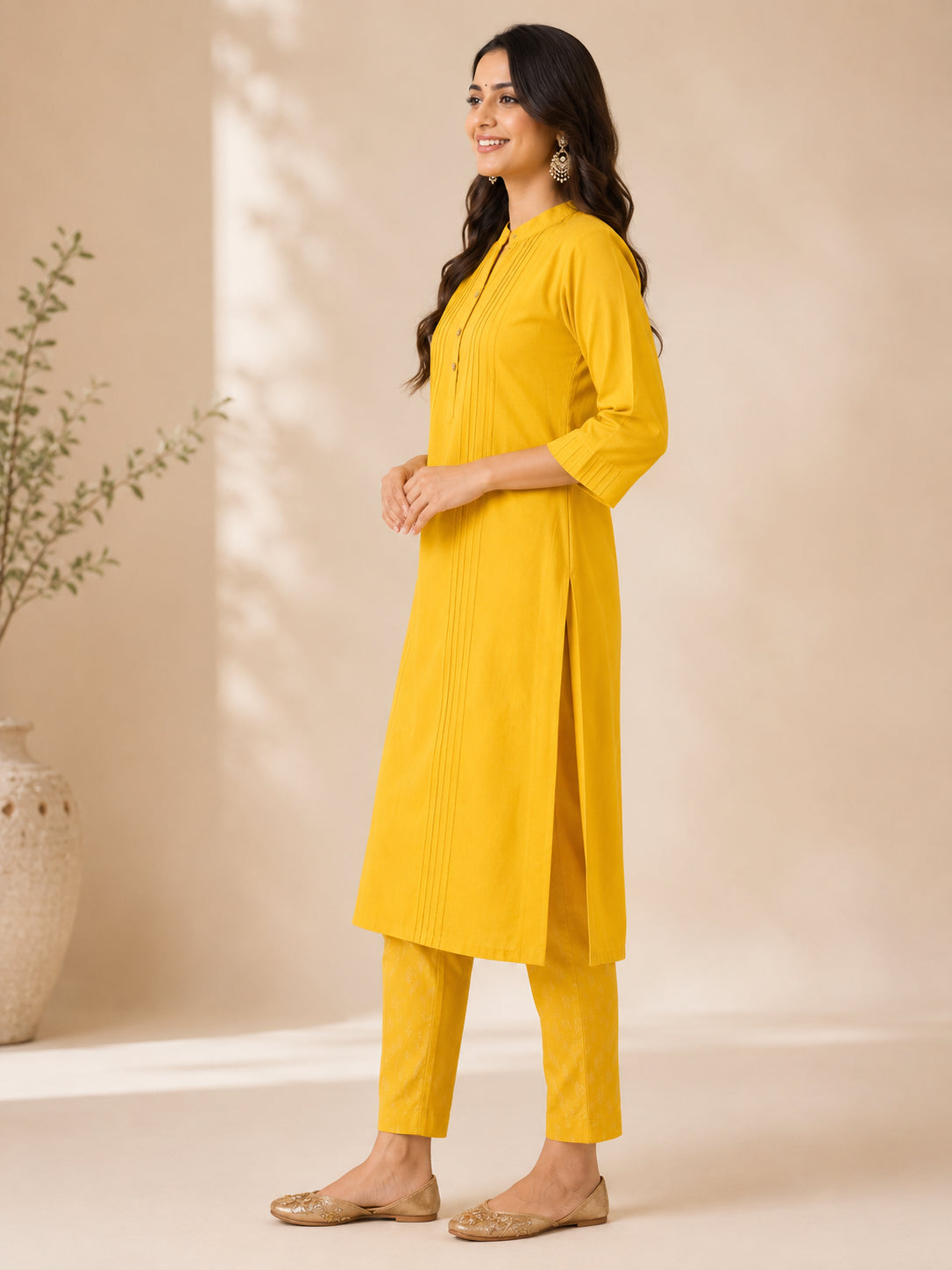 Silks of India Silk Yellow Pintuck Kurta