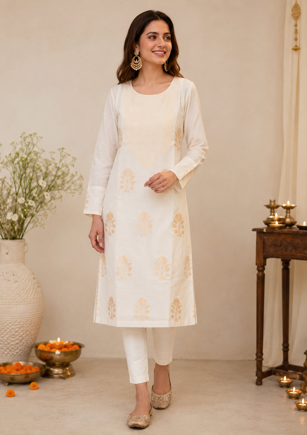 Silks of India Off White Silk Brocade Kurta Set