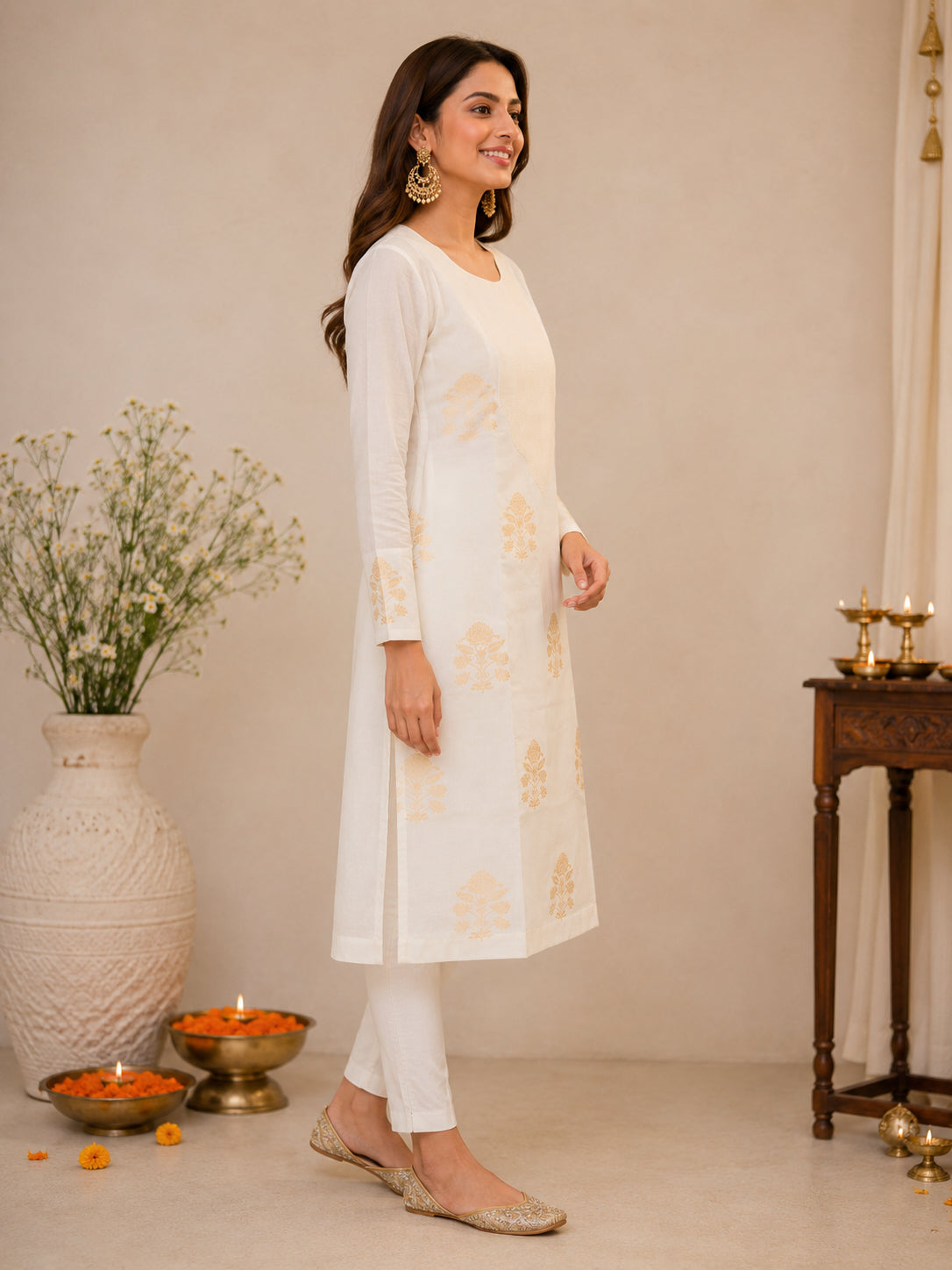Silks of India Off White Silk Brocade Kurta Set
