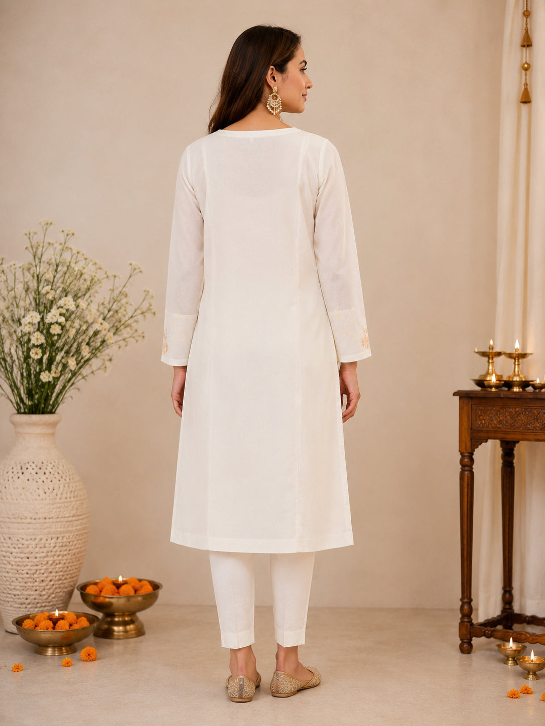 Silks of India Off White Silk Brocade Kurta Set