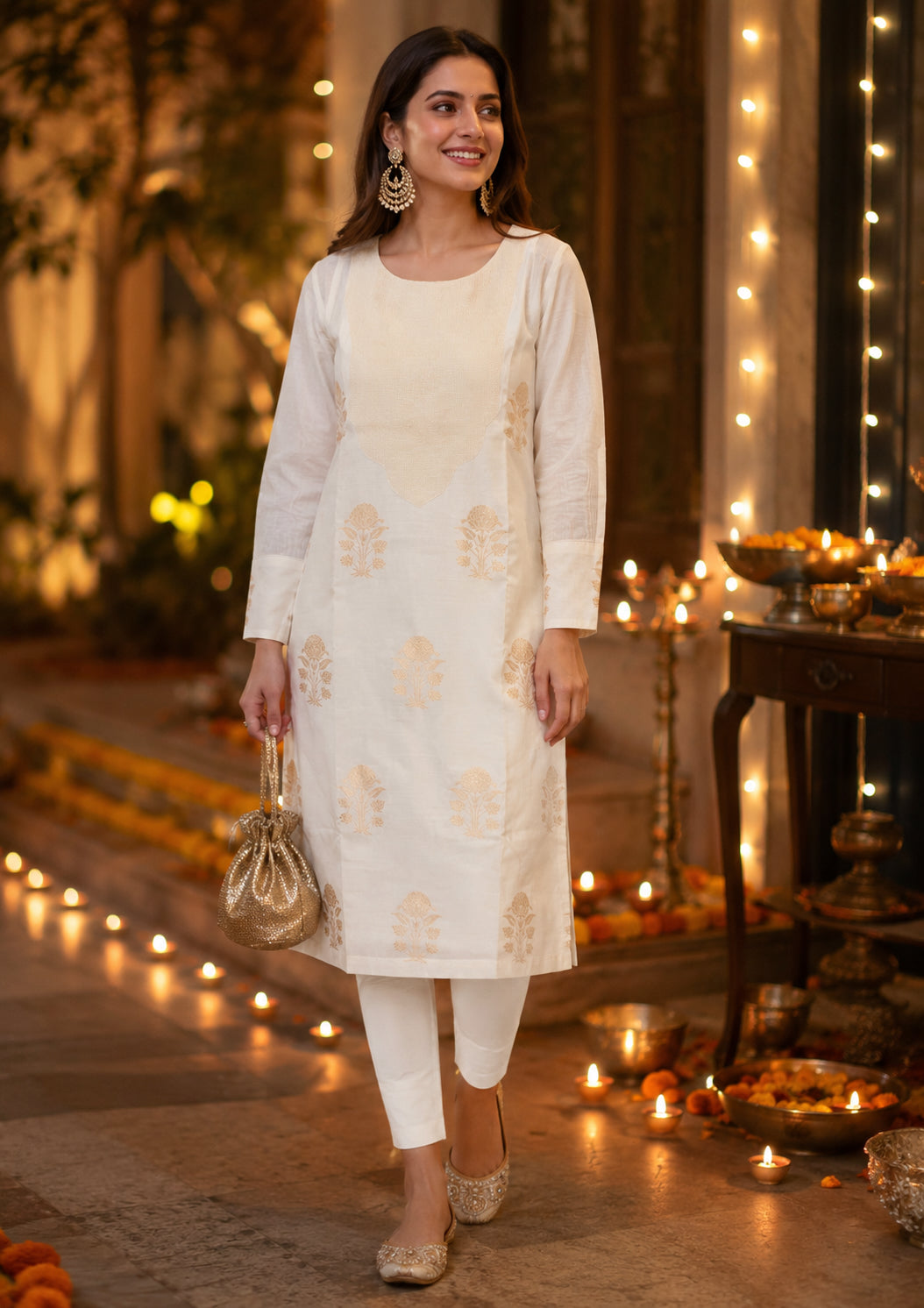 Silks of India Off White Silk Brocade Kurta Set