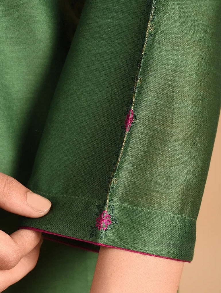 Shyam Rang Bottle Green Hand Embroidered Kurta Set