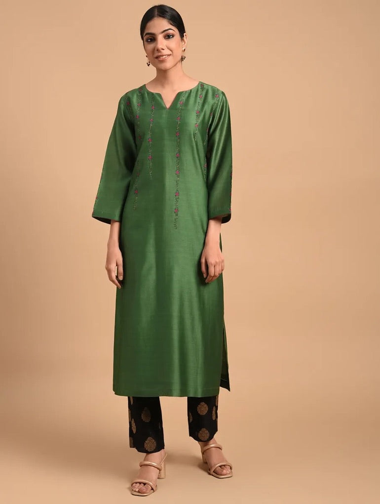 Shyam Rang Bottle Green Hand Embroidered Kurta Set