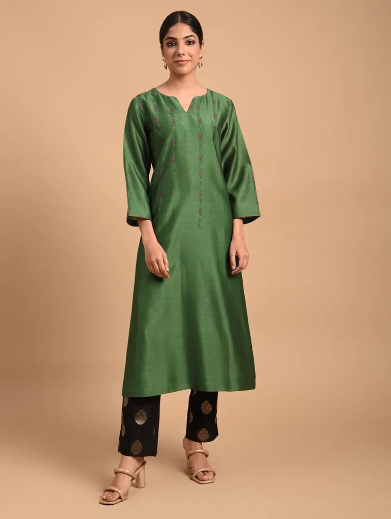Shyam Rang Bottle Green Hand Embroidered Kurta Set