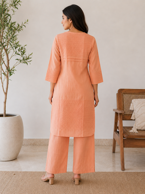 Everyday Essentials Peach Cotton Pintuck Kurta Set