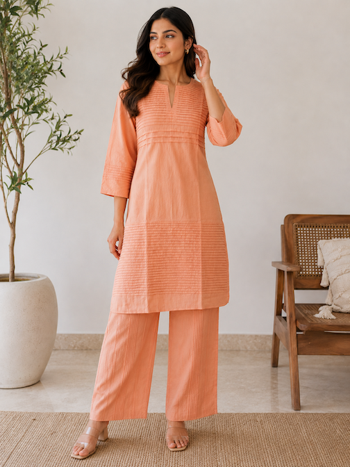 Everyday Essentials Peach Cotton Pintuck Kurta Set