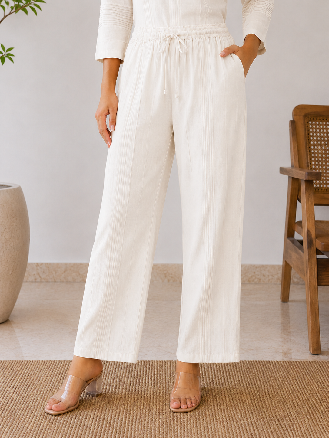 Everyday Essentials Ivory Cotton Pintuck Kurta Set