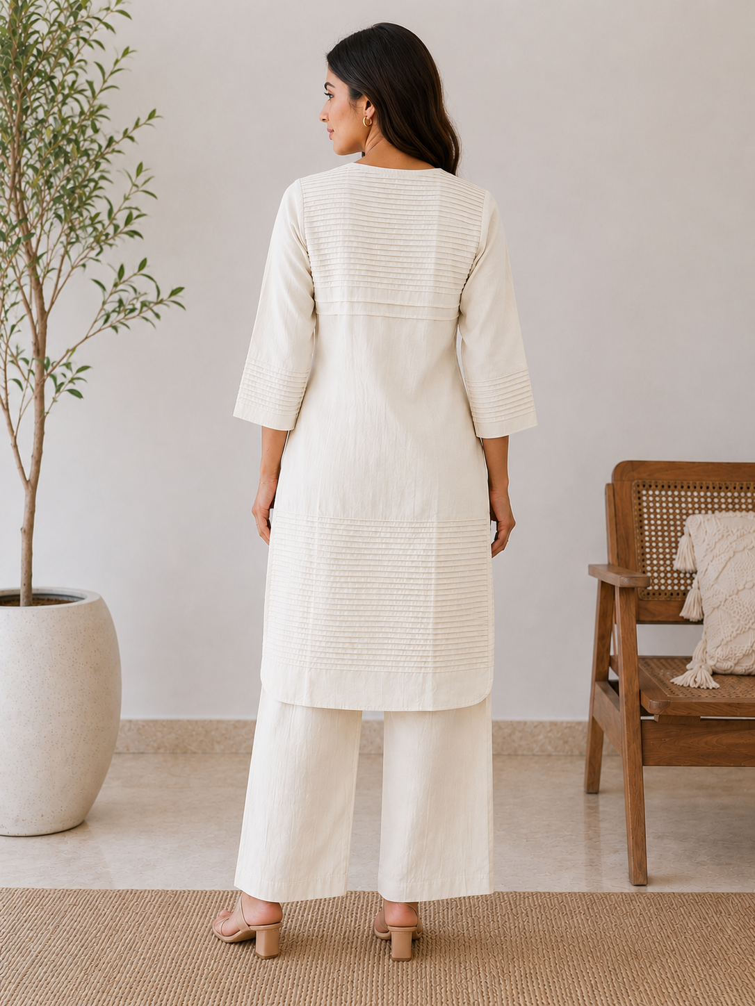 Everyday Essentials Ivory Cotton Pintuck Kurta Set