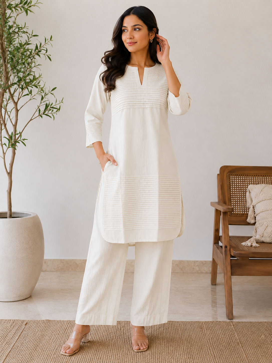 Everyday Essentials Ivory Cotton Pintuck Kurta Set