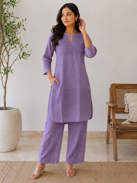Everyday Essentials Mauve Cotton Pintuck Kurta Set