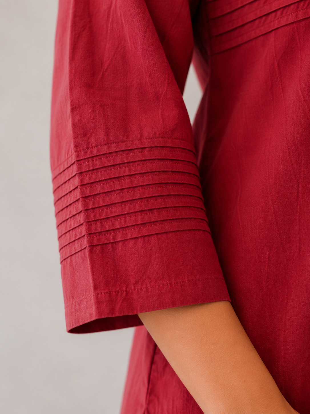 Everyday Essentials Red Cotton Pintuck Kurta Set