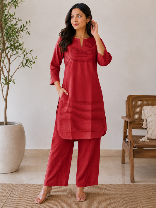 Everyday Essentials Red Cotton Pintuck Kurta Set